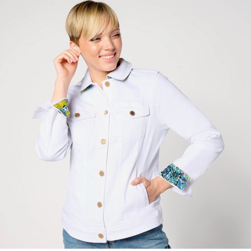 Susan Graver White Denim Jacket with Printed Lining Size Large